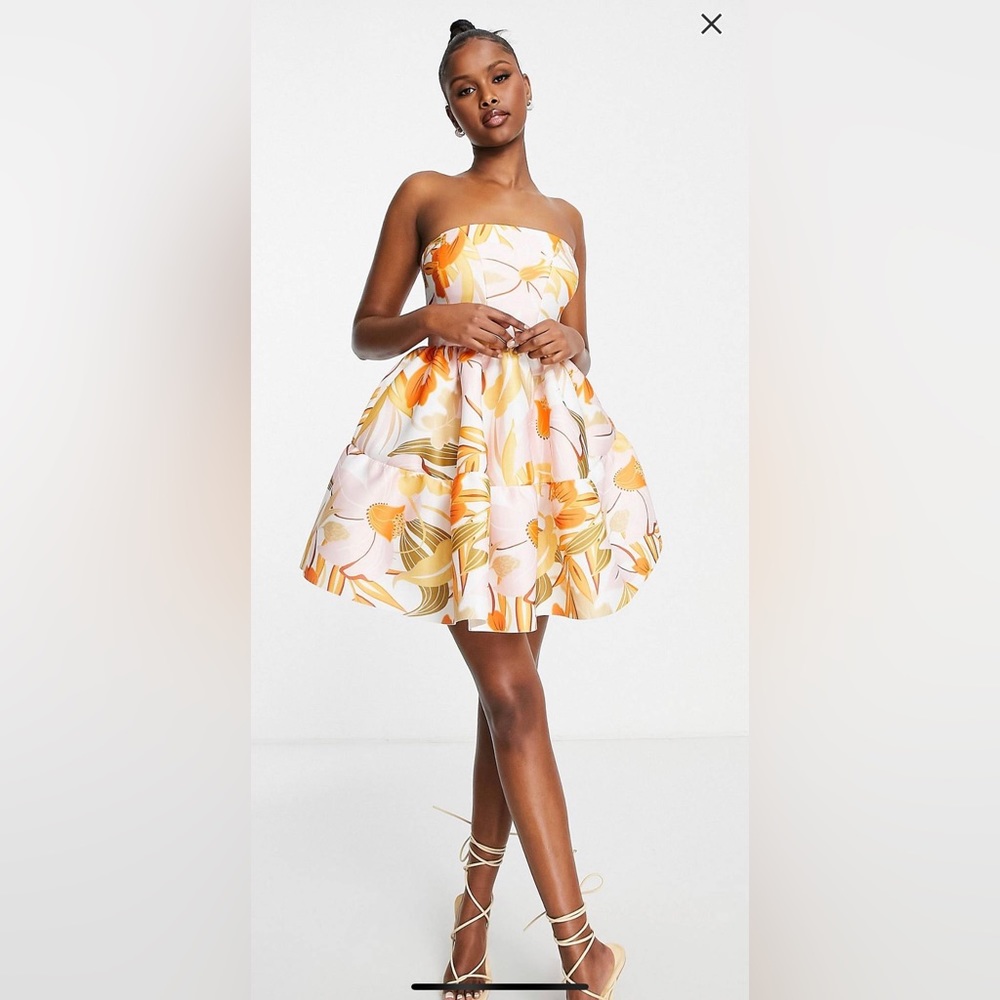 ASOS DESIGN bandeau tiered mini skater dress in yellow floral